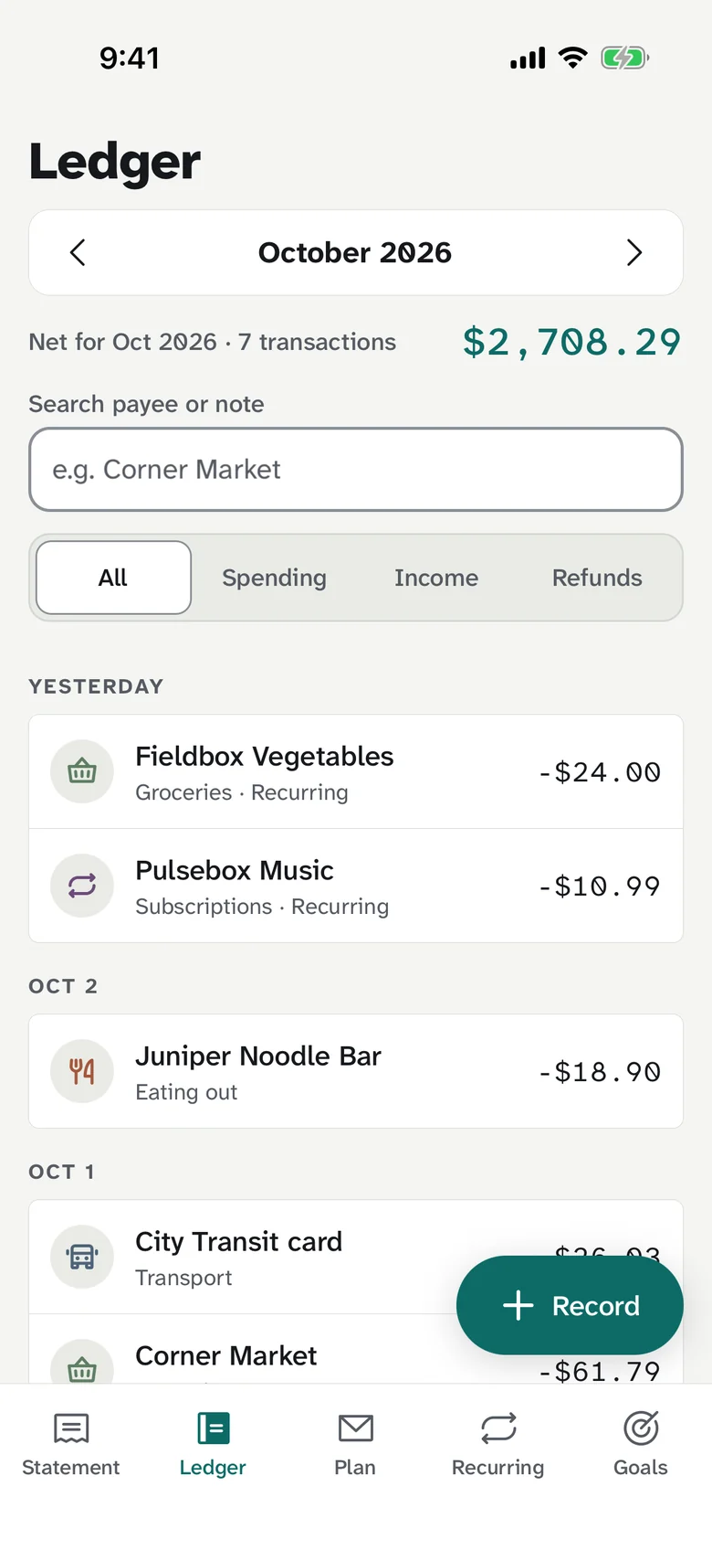 Ledger grouped by day with search and type filter