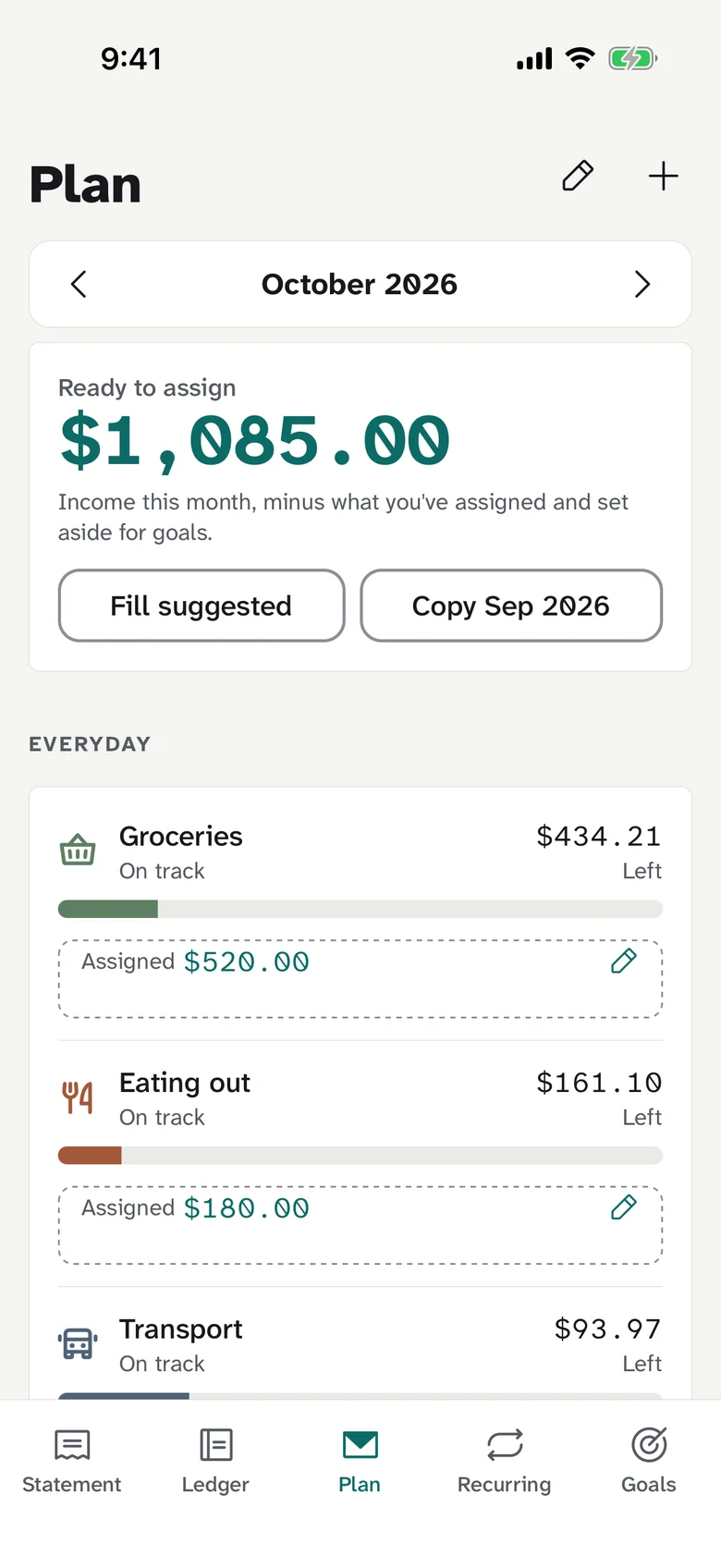 Budgelyx Plan screen on iPhone: ready to assign and envelopes with what is left