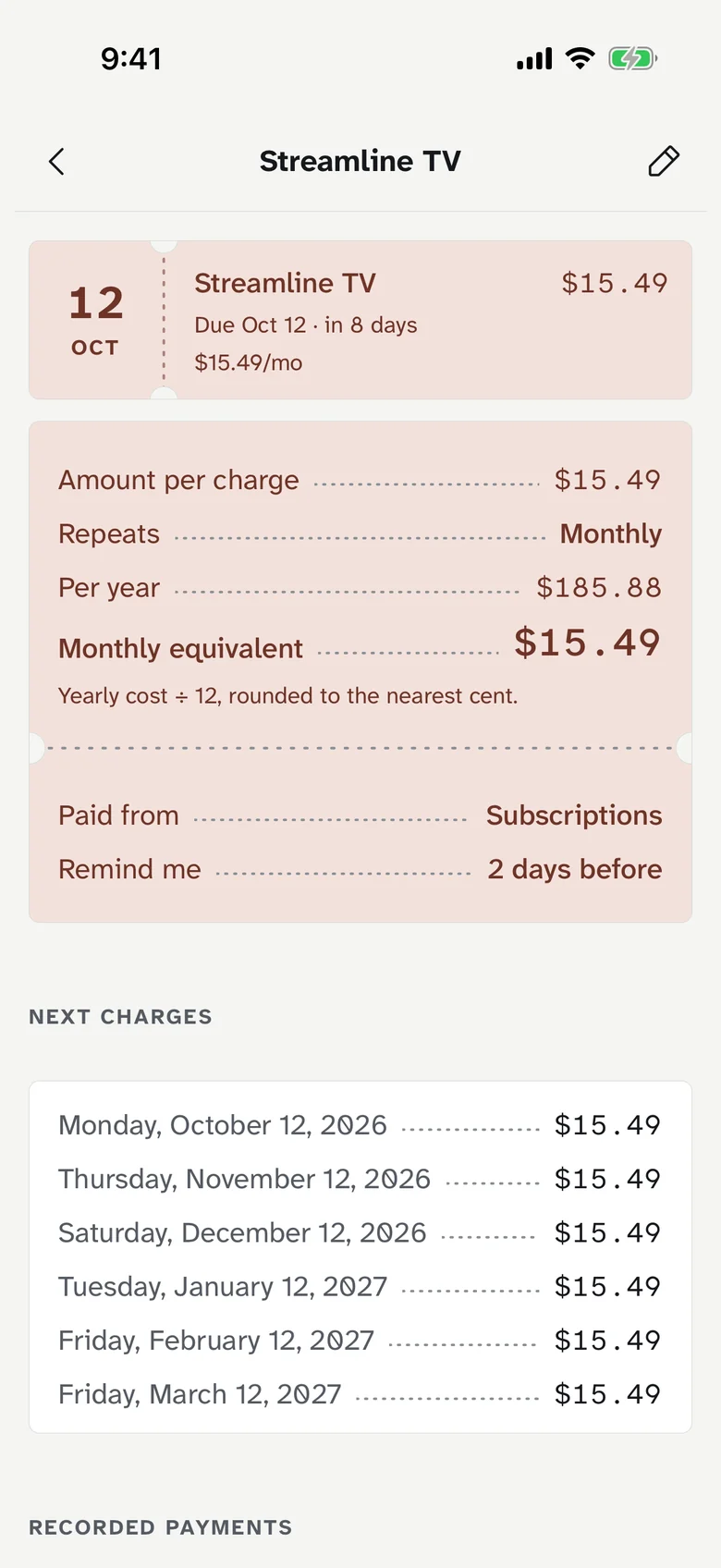 Recurring payment detail with monthly equivalent, schedule and payment history