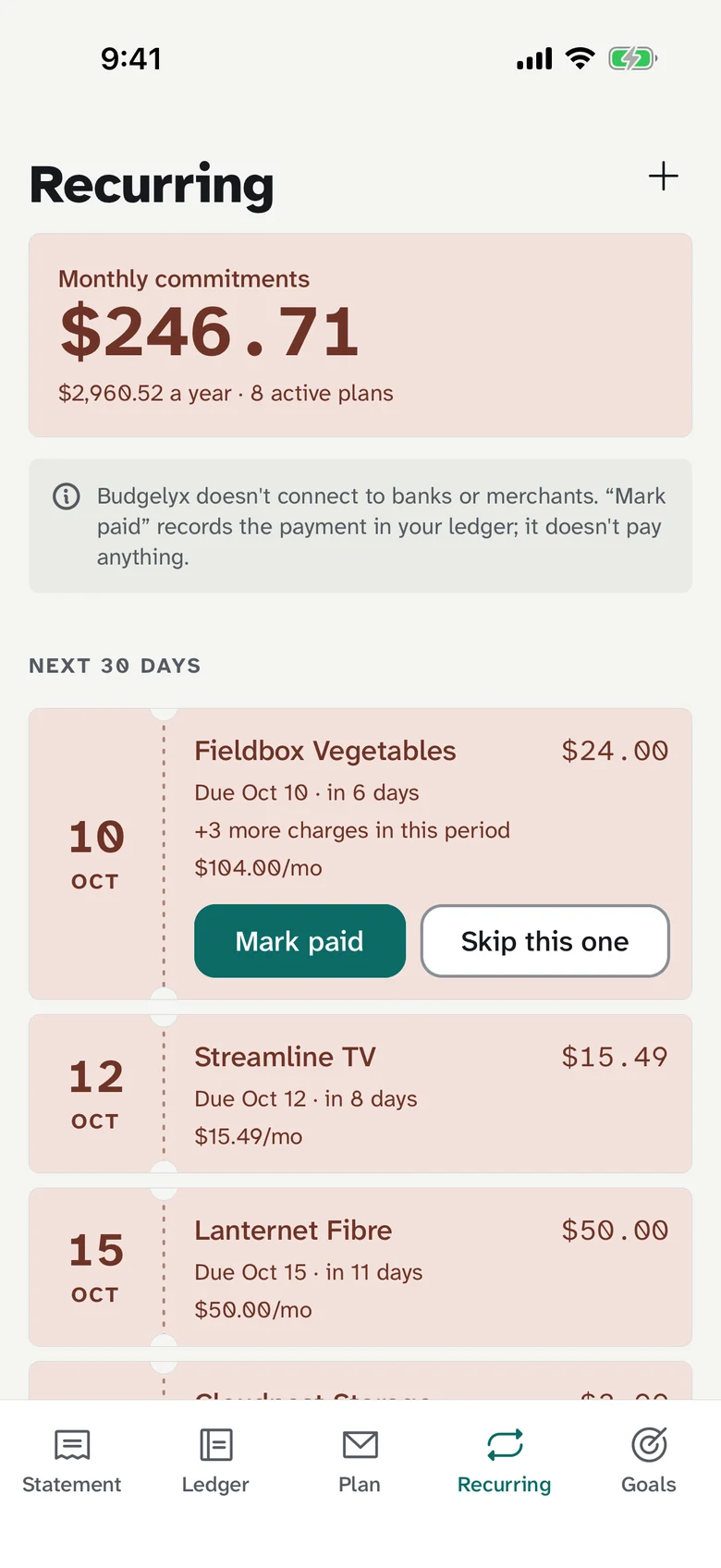 Budgelyx Recurring screen on iPhone: monthly commitments and renewal stubs