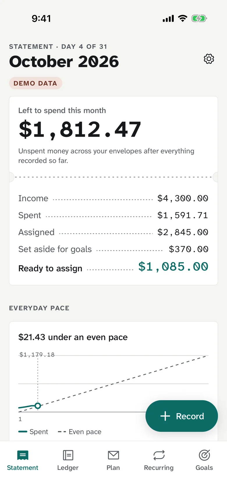 Budgelyx Statement screen on iPhone: left to spend this month, income, spent and ready to assign